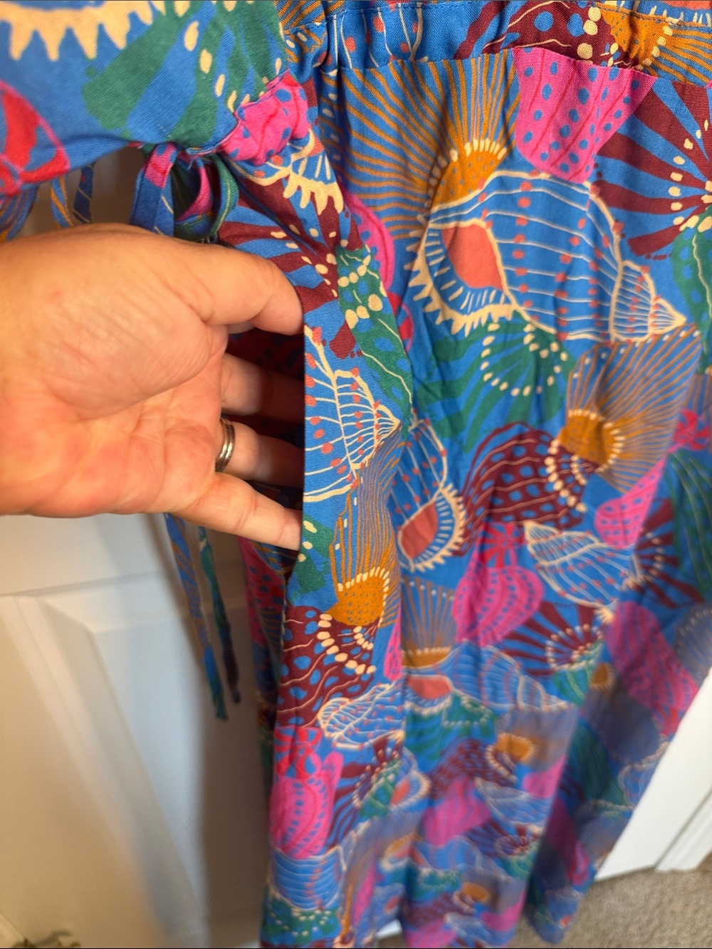 Anthropologie Teal Maxi Dress/ Beach Cover-up. Pink, Green & Gold Shell Print - Picture 4 of 8